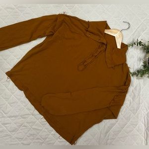 Easel cow neck long sleeve top with a raw hem detailing; size small